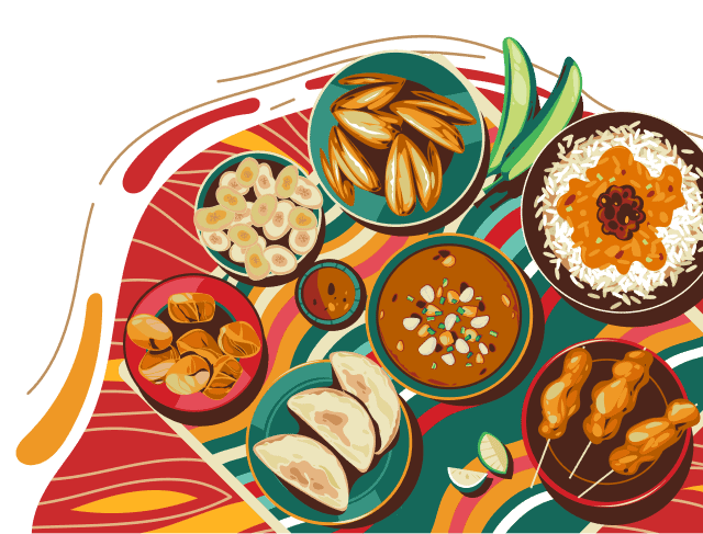 Colorful arrangement of various restaurant dishes in bowls